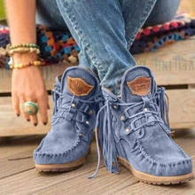 Botines con borlas para mujer, botas cortas de costura Retro para mujer, zapatos con cordones para mujer, zapatos de invierno con punta redonda y plana, talla grande 35-43 2024 - compra barato