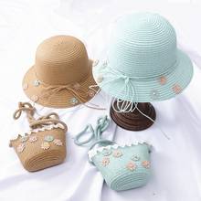 Соломенная шляпа с цветочным принтом для девочек, летняя шляпа от солнца и сумки, комплекты для детей, праздничная пляжная кепка принцессы с лентами, gorros 2024 - купить недорого