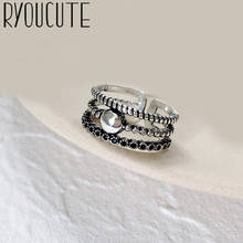 Anéis de camada cor prata real para mulheres, anéis grandes e antigos de alta qualidade 2024 - compre barato