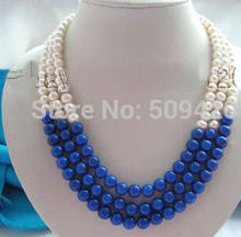 free shipping >17-19" 3rows Natural 8mm White Pearl Lapis Lazuli Necklace 2024 - buy cheap