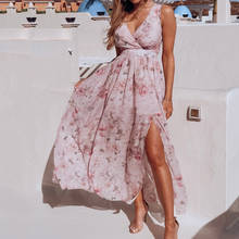 Богемное Макси платье 2020 женское Бохо сарафан без рукавов сплит сексуальное платье женское летнее платье с цветочным принтом длинное платье с v-образным вырезом Vestido 2024 - купить недорого