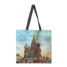 Oil painting Kremlin linen shopping bag ladies shoulder bag foldable shopping bag outdoor beach handbag female handbag 2024 - buy cheap