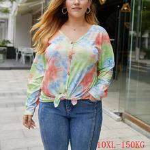 Autumn plus size T-shirt 6XL-10XL bust 160CM plus size ladies sexy V-neck long-sleeved button knitted tie-dye casual T-shirt 2024 - buy cheap