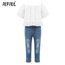 Conjunto de roupas jeans rasgadas para meninas, roupas fashion de verão e outono para crianças com renda flare branca, conjunto de calças jeans, roupas para crianças, 2021 2024 - compre barato