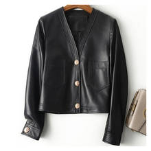 Jaqueta de couro genuíno feminina, casaco pele de carneiro preto, sobretudo de luxo para mulheres, estilo curto, primavera 2021 2024 - compre barato