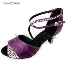 Rhinestone Low Heel 6cm Purple Satin Latin Dance Shoes Women Waltz Soft Suede Outsole Indoor Ballroom Salsa Dance Shoes 2024 - buy cheap