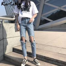 Karsany calça jeans rasgada de cintura alta para mulheres, calça feminina de denim rasgada e com buraco quebrado, primavera 2020 feminina 2024 - compre barato
