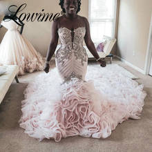 Vestidos de noiva rosa com cristais, vestido de noiva personalizado, tamanho grande, com babados, sereia 2024 - compre barato