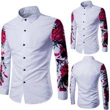 Casual cor sólida impressão floral manga comprida botões para baixo camisa fina blusa manga comprida casual s-lim ajuste camisas masculinas 2024 - compre barato