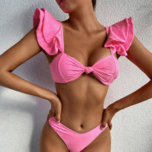 Conjunto de Tankini de Bikini de Color sólido para mujer, traje de baño Sexy con volantes, sujetador de manga larga y Braga de cintura alta, novedad de 2021 2024 - compra barato
