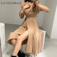 Chic Korean Office Lady Chiffon Pleated Dress 2020 Spring Women Notched Collar Long Sleeve Slim Waist Lace-up Work Blazer Dress 2024 - buy cheap