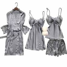 Conjunto de pijamas de encaje para mujer, ropa de dormir Sexy de seda de hielo de estilo coreano, cárdigan suave y delgado, ropa de dormir de satén con almohadilla para el pecho para otoño, 4 Uds. 2024 - compra barato