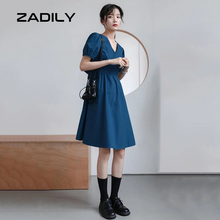 ZADLIY Chic Casual Solid Color Women Dress Short Sleeve Bow Blue Ladies Mini Dresses 2021 Summer V Neck Party Robe 2024 - buy cheap