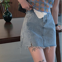 Юбка джинсовая женская, летняя, винтажная, рваная, с Боковым Разрезом, универсальная, в Корейском стиле 2024 - купить недорого