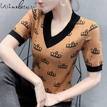 Summer Korean Style Knit T-shirt Sexy Fashion V-Neck Print Colorant Match Women Tops Slim Bottoming Shirt Tees New 2021 T13419A 2024 - buy cheap