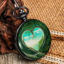 Exquisite Heart Shaped Green Forest Quartz Pocket Watch Men Women  Big Dial Black Alloy Cover Rough Chain Pendant Love Necklace 2024 - buy cheap