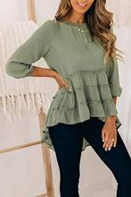 Blusa de manga 3/4 plissada com bainha alta, verde, blusa feminina com babado em primavera e outono, detalhe casual, plus size 2024 - compre barato