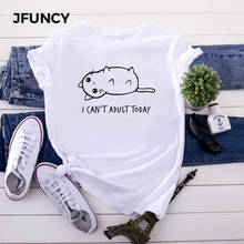 JFUNCY-Camiseta de talla grande con estampado de letras de gato para mujer, camiseta de manga corta de verano 100% de algodón, camiseta informal de gran tamaño para mujer 2024 - compra barato