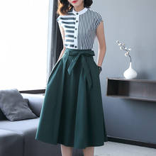 Summer Women Office Two Piece Set Casual Striped Shirts Blouses and Bow Midi Skirt Female Business Formal Skirt Suit Sets 2024 - buy cheap