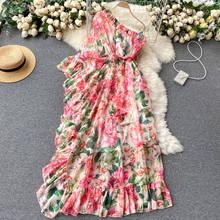 Maxi Vestidos de playa de estilo europeo Floral para mujer, Vestidos largos de un hombro con volantes, Vestidos de marca de diseñador para pasarela de verano 2024 - compra barato