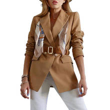 Casaco cáqui de manga comprida, jaqueta feminina elegante com bolsos duplo breasted entalhado, sólido, para escritório, primavera 2021 2024 - compre barato