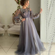 Eightale Gray Arabic Dubai Evening Dresses O-Neck Long Sleeves Prom Gowns Flowers Tulle A-Line Party Dress Mother of Bride Dress 2024 - buy cheap