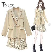 Trytree 2021 Spring Autumn Two piece set Casual Belt Pockets Blazer Jacket + Floral Sling Dress Office Lady Suit 2 Piece Set 2024 - buy cheap