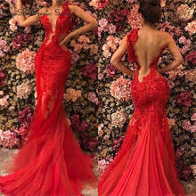 2020 Red See Through Sheer Backless Mermaid Prom Dresses Lace Tulle One Shoulder Evening Gowns Sexy robe de soiree abendkleider 2024 - buy cheap