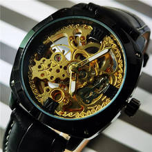 Forsining relógio de pulso esqueleto mecânico, relógio preto dourado transparente com pulseira de couro genuíno para homens, 2020 2024 - compre barato