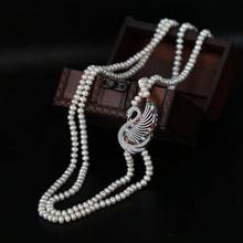 hot sell Natural white freshwater pearl color swan zircon microscope sweater chain long necklace fashion jewelry 2024 - buy cheap
