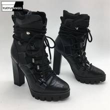 Inverno moda feminina pista de salto alto equitação botas cavaleiro rendas até sapatos plataforma marca motocicleta couro genuíno ankle boots 2024 - compre barato