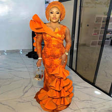 Orange Mermaid Africa Prom Dresses with Long Sleeve Lace Appliques Beaded Evening Party Gown Ruffles Long Special Occasion Dress 2024 - buy cheap