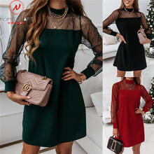 Sexy Women Solid Color A-Line Dress Mesh Patchwork Design Lace Decor See Through O-Neck Long Sleeve Mid Waist Slim Mini Dress 2024 - buy cheap