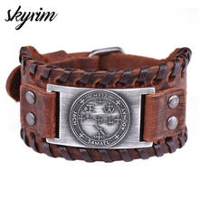 Skyrim-pulsera de piel auténtica de Odín para hombre, brazalete Vintage de runas nórdicas, amuleto de moda, llave vikinga de Solomon, regalo de joyería 2024 - compra barato