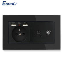 ESOOLI Glass Panel French Standard Electric Socket with 2 USB + RJ45 Internet Jack and Television Port Power Outlet 2024 - buy cheap