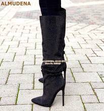 ALMUDENA Black Bling Bling Crystal Knee Boots Pointy Toe Thin High Heels Dress Boots Sparkly Party Shoes Rhinestone Long Boots 2024 - buy cheap