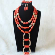 4UJewelry Nigerian Jewellery Sets Orange & Gold 3 Layers Women African Jewelry Sets Long Design Necklace Set Bracelet Earrings 2024 - buy cheap