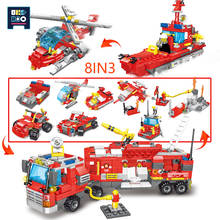 UKBOO-construcción de un camión de rescate para niños, 8 en 3, ciudad, bomberos, modelo, bloques de construcción, bombero, helicóptero, barco, figuras, piezas, Juguetes 2024 - compra barato