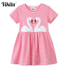 VIKITA Girls Cotton Dresses Kids Striped Vestidos Children Cartoon Embroidery Daily School Dress Girls Summer Short Sleeve Dress 2024 - buy cheap