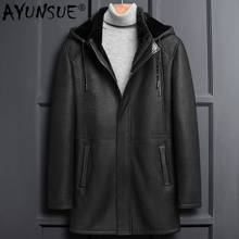 AYUNSUE Winter Genuine Leather Jacket Men Sheepskin Coat Real Fur Vintage Shearling Jacket Hooded Thick Coats LSY1100 KJ3823 2024 - buy cheap