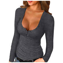 Camisa feminina sensual com botão no pescoço, manga comprida, camiseta justa, pulôver, sexy, básica, casual, tops femininos, cor sólida 2024 - compre barato