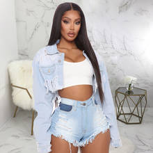 Super hort Denim Jacket Women Sexy Ripped Jeans Coat Tassel Female Crop Top Slim Fashion Club Outfits High Street Spring Autumn 2024 - buy cheap