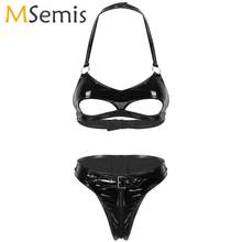 Latex Womens Bikini Lingerie Set Halter Open Bra+High Cut Zipper Booty Panties Exotic Stripper Dance Wet Look Leather Underwear 2024 - buy cheap