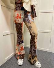 Женские вязаные длинные расклешенные брюки, весенне-осенние цветочные брюки с высокой талией, эластичные свободные брюки, 2021 2024 - купить недорого