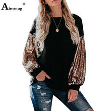 Women Elegant Leisure Casual T-shirt Patchwork Tops Loose Womens Clothing 2021 Spring Autumn New Knitting Sequined Shirt Femme 2024 - buy cheap