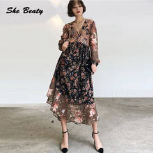 She Beaty Women Bohemia Dress 2021 Summer Fashion Casual Oversize Chiffon Floral Printed Sexy V-Neck Vintage Boho Beach Dresses 2024 - buy cheap