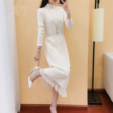 2018 Long Sleeve Knitted Sweater Dresses Long Vestidos New Women White Lacework Elegant Turtleneck Dress  ZO863 2024 - buy cheap