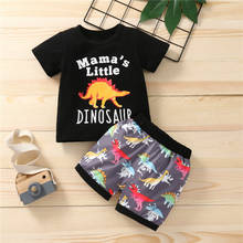 2 предмета; Комплект одежды для детей, с надписью "Dinosaur" с короткими рукавами, о-образным вырезом на шее, с рисунком, футболка + шорты на лето, черного цвета, одежда для детей 6 мес.-3 лет 2024 - купить недорого