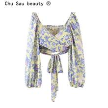 Chu Sau beauty-blusa ceñida elástica con cuello en V para mujer, Tops cortos con estampado Floral, estilo bohemio, elegante 2024 - compra barato