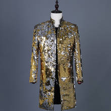 Blazer longo com lantejoulas douradas brilhantes, jaqueta masculina slim fit para festa, baile, palco, roupas masculinas 2024 - compre barato
